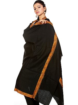 Black Tusha Shawl with Densely Hand-Embroidered Border