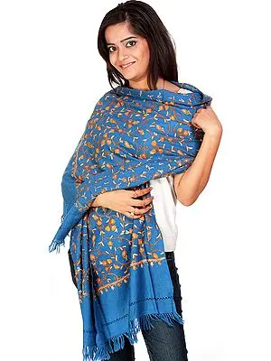 Azure-Blue Kashmiri Stole with Hand-Embroidered Paisleys All-Over