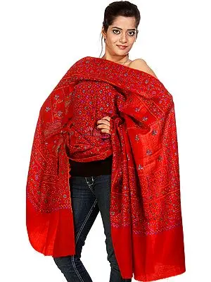 Ketchup-Red Tusha Shawl from Kashmir with All-Over Sozni Embroidery by Hand