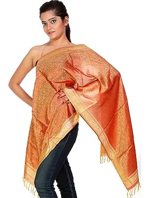 Beige and Red Banarasi Stole with Tanchoi Weave All Over