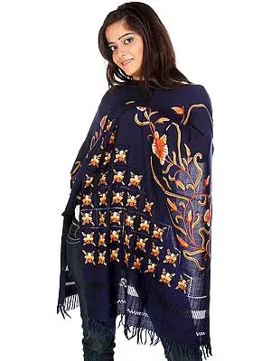 Navy-Blue Kashmiri Stole with Hand-Embroidered Flowers All-Over