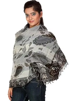 Gray Jamawar Stole with Woven Paisleys and Flowers