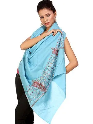 Alaskan Blue Stole with Needle Embroidered Paisleys on Border