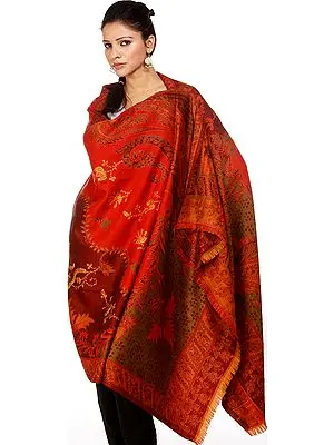 Red Jamawar Shawl with Needle Embrodiery by Hand