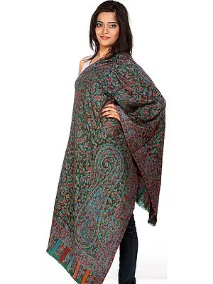 Islamic Green Kani Stole with Woven Paisleys and Flowers in Multi-Color Thread