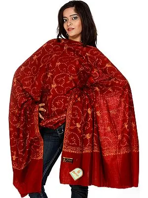 Jester-Red Shawl with Sozni Embroidered Jaal by Hand