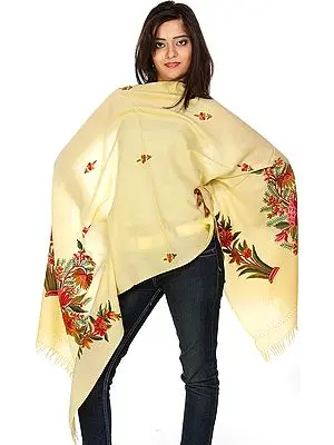 Light Yellow Stole with Floral Aari Embroidery by Hand