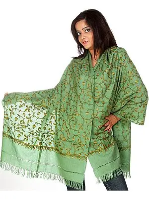 Aspen Green Kashmiri Stole with Hand-Embroidered Paisleys by Hand