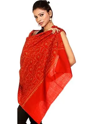 Rust Stole from Kashmir with Sozni Embroidered Jaal by Hand