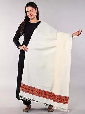 Plain Yak Wool Shawl from Kullu with Multicolor woven Kinnauri Border
