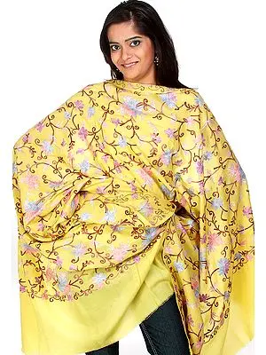 Yellow Aari Embroidered Shawl from Kashmir
