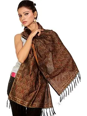 Black Resham Tehra Stole from Banaras with Woven Paisleys