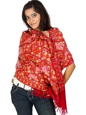 Cerise Jamdani Kashmiri Stole with All Over Aari Embroidery