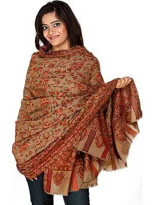 Khaki Kani Shawl with Stylized Flowers Woven in Multi-Color Thread