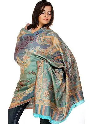 Multi-color Jamawar Shawl with Woven Paisley and Sozni Embroidery by Hand