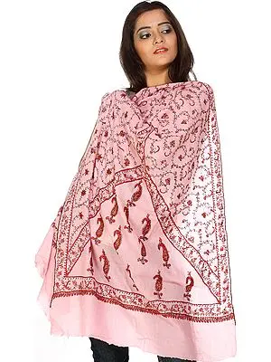 Powder-Pink Stole from Kashmir with Paisleys and Sozni Embroidered Jaal by Hand