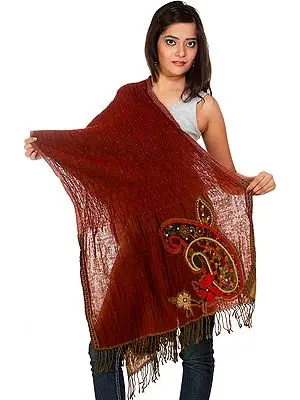 Maroon Stretchable Scarf with Hand Needle-Embroidered Paisleys, Beads and Sequins