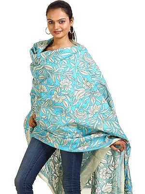 Beige and Blue Kantha Shawl from Kolkata Embroidered by Hand