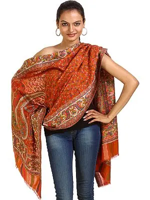 Orange Kani Stole with Multi-Color Paisleys