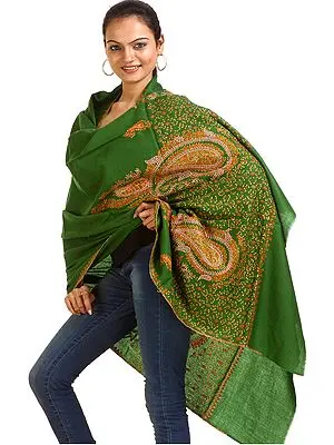 Juniper-Green Tusha Shawl with Tri-color Sozni Embroidered Paisleys