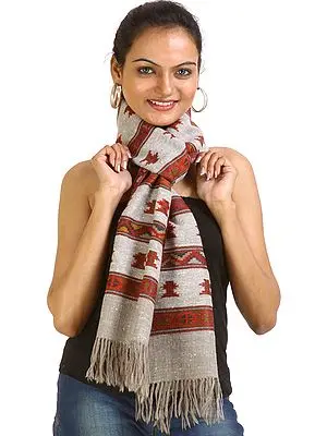 Light-Gray Kullu Scarf with Kinnauri Weave by Hand