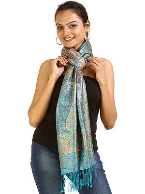 Turquoise Super-Silk Jamawar Stole with Woven Paisleys