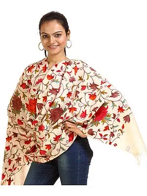 Peach Kashmiri Stole with Aari Embroidered Flowers by Hand