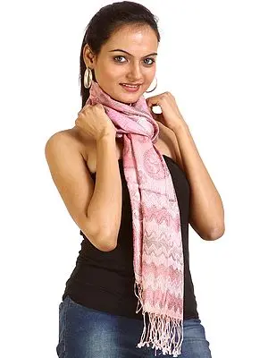 Candy-Pink Super-Silk Jamawar Stole with Woven Paisleys