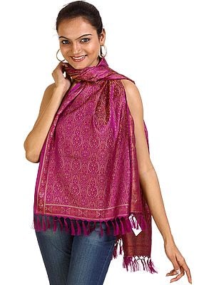 Hollyhock-Purple Banarasi Tehra Stole with All-Over Woven Paisleys