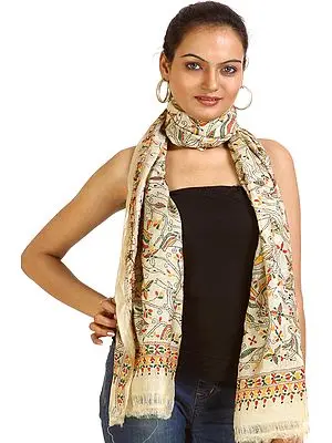 Beige Stole with Kantha Stitch Embroidered Flowers and Birds