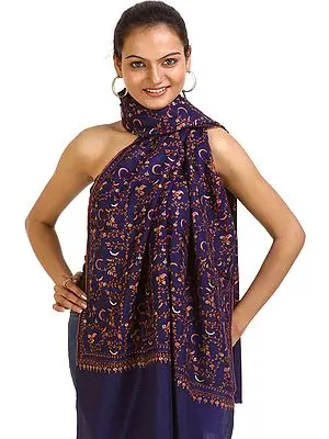 Navy-Blue Tusha Stole from Kashmir with Sozni Embroidery by Hand