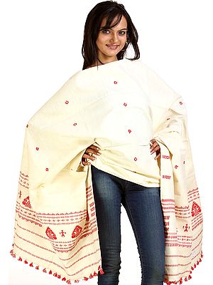 Ivory Shawl from Assam with Solk Motifs Hand-Woven in Red Thread