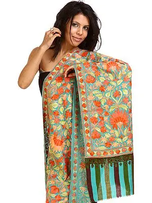 Ceramic-Green Densely Embroidered Phulkari Aari Stole from Kashmir