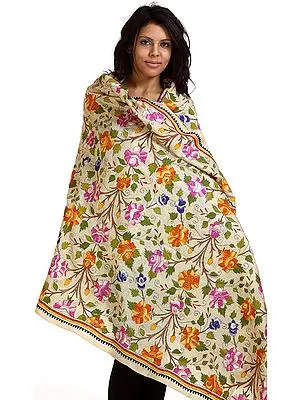Beige Shawl with Kantha Embroidered Flowers All-Over