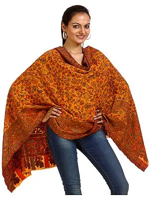 Amber Kani Stole with Woven Paisleys and Flowers in Multi-Color Threads