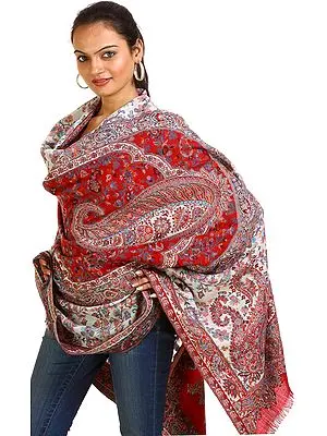 Red and White Kani Shawl with All-Over with Woven Paisleys and Flowers