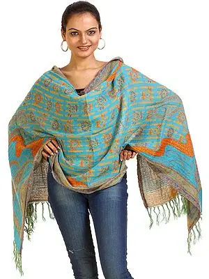Cyan-Blue and Orange Stole with Woven Flowers and Paisleys