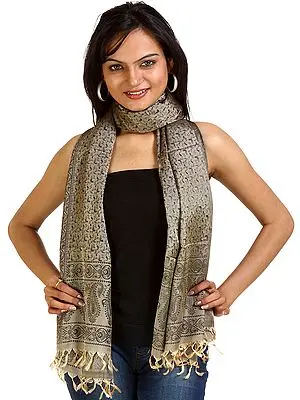 Gray Banarasi Stole with All-Over Woven Paisleys