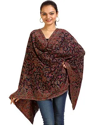 Midnight-Blue Kani Stole with Woven Paisleys in Multi-Color Threads