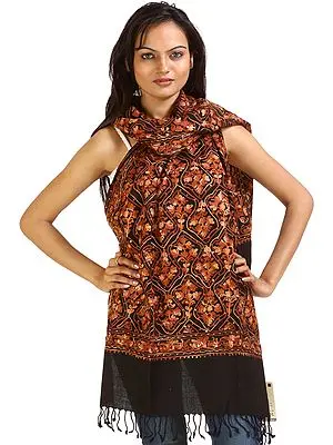 Black and Brown Stole with Aari Embroidered Flowers and Sequins
