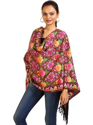 Black Kashmiri Stole with Multi-color Aari Embroidery