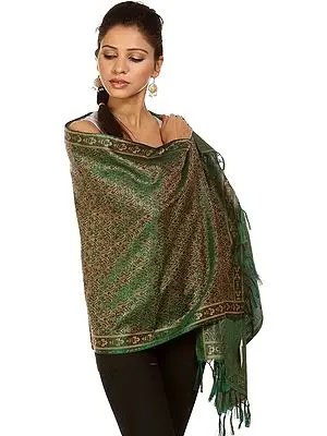 Islamic-Green Tehra Banarasi Stole with All-Over Hand-Woven Paisleys