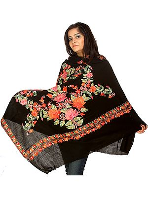 Black Kashmiri Shawl with Floral Aari Embroidery