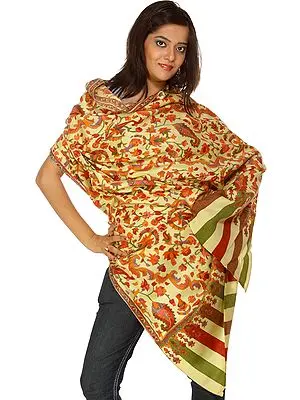 Dusky-Citron Kani Shawl with Woven Flowers and Kalamkari Embroidery
