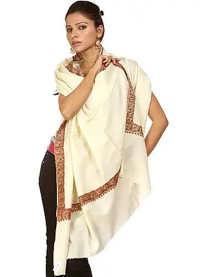 Ivory Tusha Shawl with Sozni Embroidered Paisleys on Border