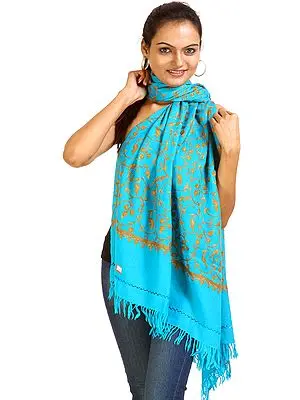 Turquoise Kashmiri Stole with Hand-Embroidered Paisleys