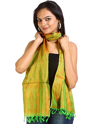 Vibrant-Green and Orange Tanchoi Stole from Banaras