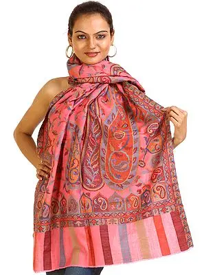 Hot-Pink Kani Stole with Woven Paisleys in Multi-Color Thread