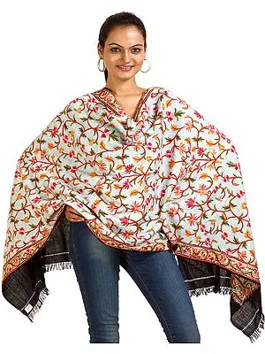 Black Densely Hand-Embroidered Aari Floral Stole from Kashmir