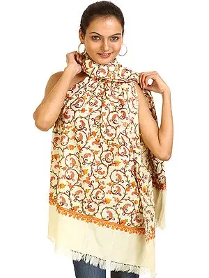 Cream Aari Kashmiri Stole with All-Over Embroidered Paisleys by Hand